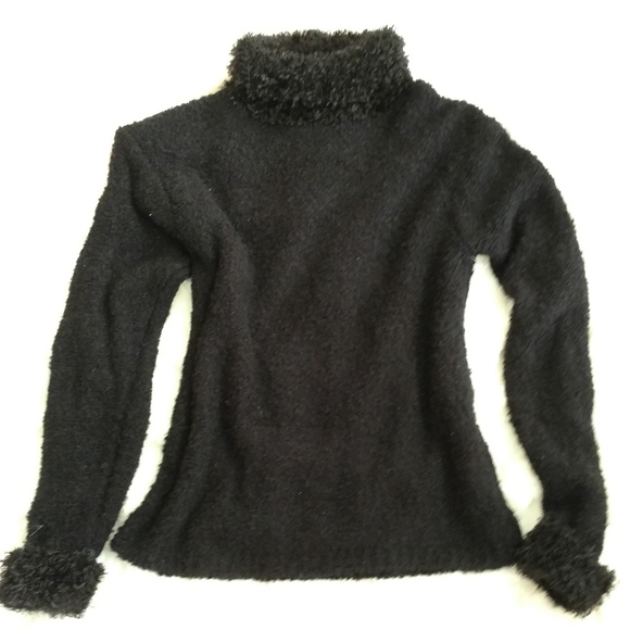 Fun Black Sweater with Eyelash Neck and Cuffs - Picture 1 of 4
